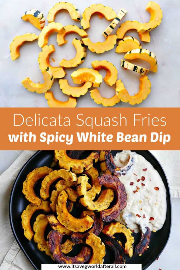 images of sliced delicata squash and baked squash fries separated by a text box with recipe title