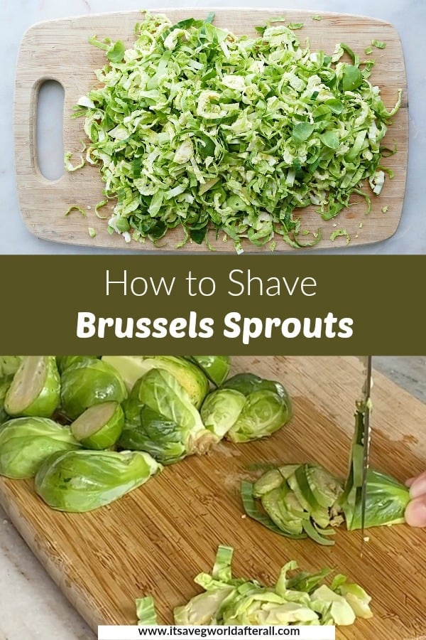images of shaved brussels sprouts separated by a text box with recipe title