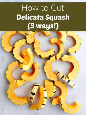 sliced delicata squash on a white counter with a text box with post title on top