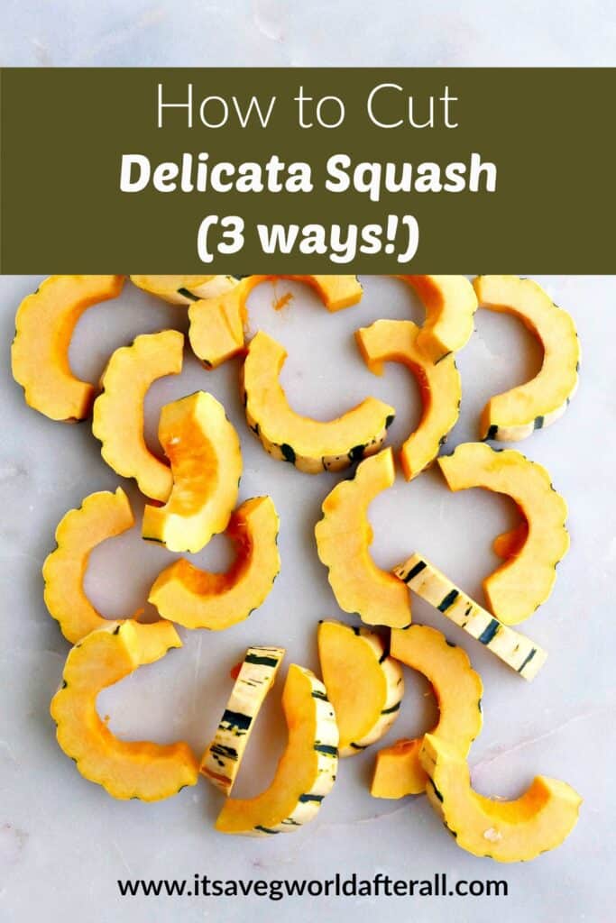 sliced delicata squash on a white counter with a text box with post title on top