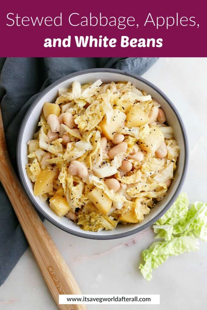 image of braised cabbage recipe underneath a text box with recipe title