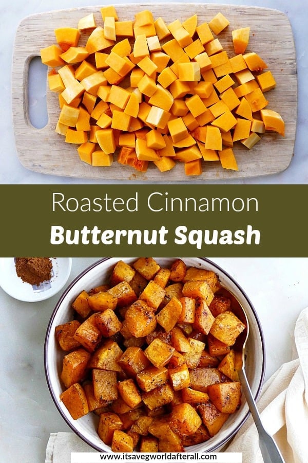 images of diced butternut squash and cooked squash separated by text box with recipe title
