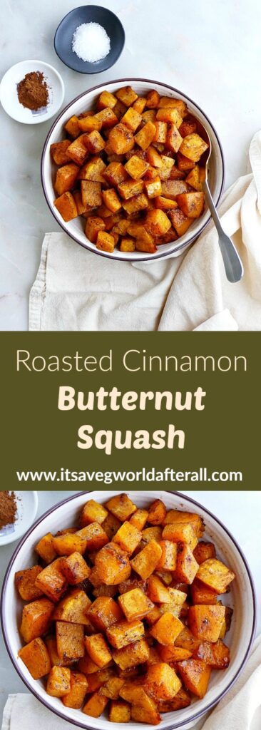 images of cooked butternut squash on serving platters separated by text box with recipe title