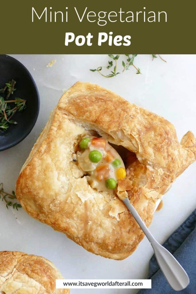 mini vegetarian pot pie with a spoon with filling on top underneath a text box with recipe title