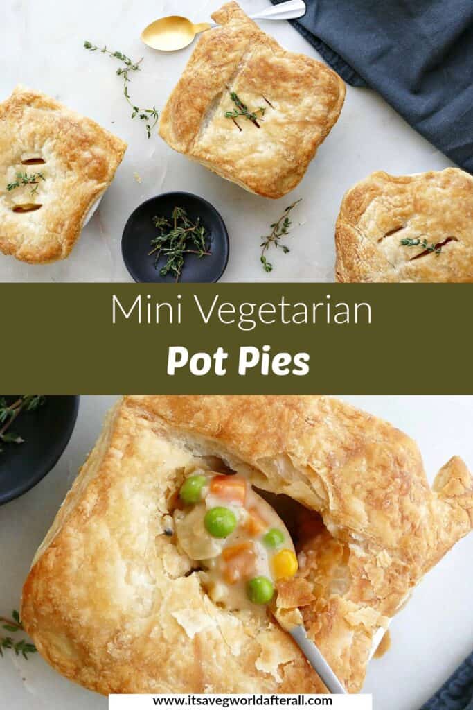 images of vegetarian pot pies separated by a text box with recipe title