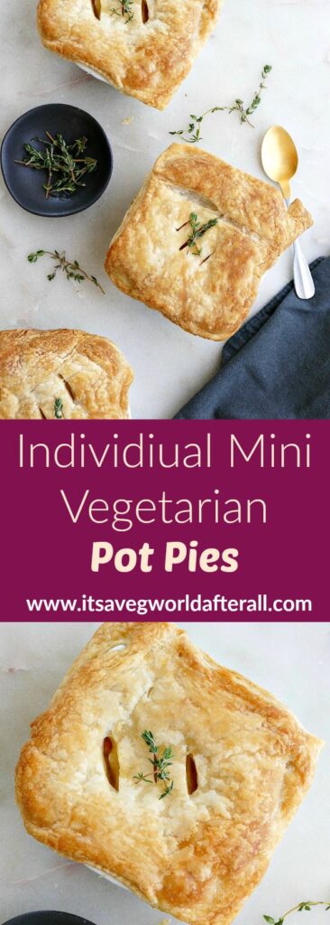 images of mini pot pies separated by a text box with recipe title