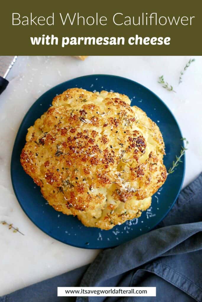 image of whole roasted cauliflower under a text box with recipe title