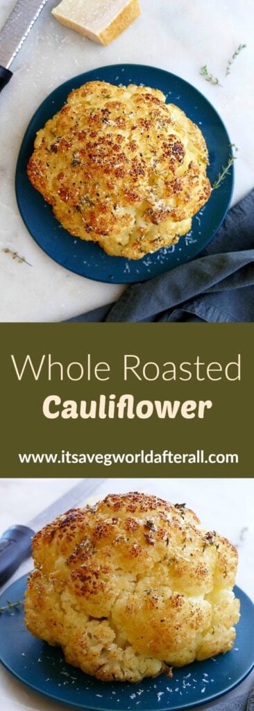 images of baked whole cauliflower separated by text box with recipe title