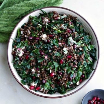 black lentil, kale, and pomegranate salad in a large serving bowl on a counter