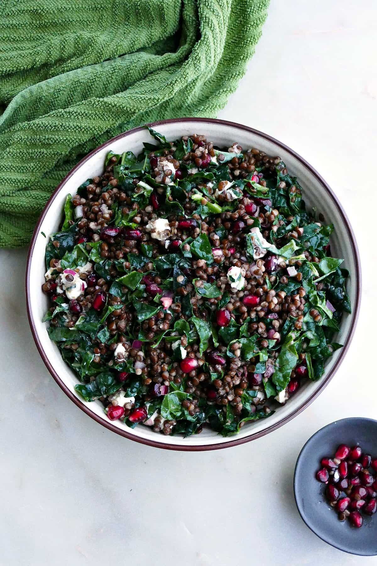 black lentil, kale, and pomegranate salad in a large serving bowl on a counter