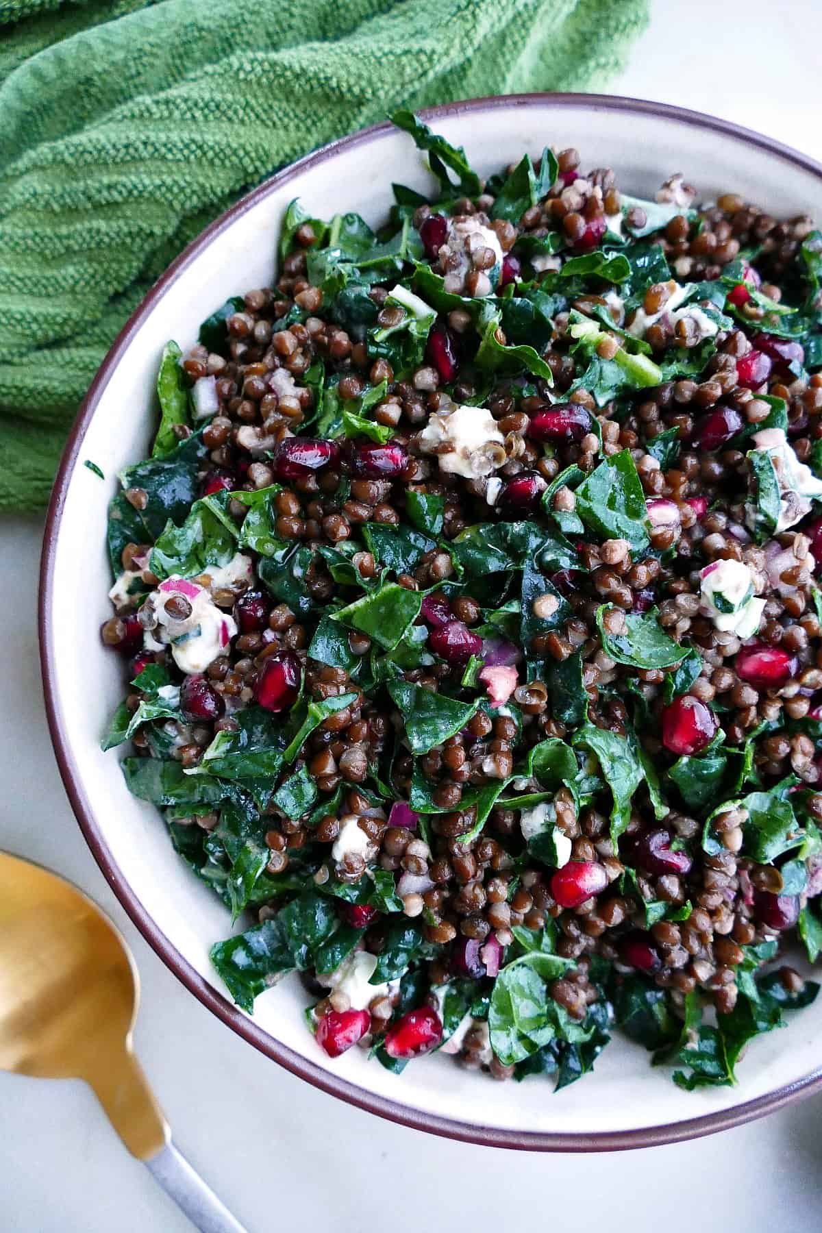 close image of black lentil salad with kale, pomegranate, and goat cheese on a counter