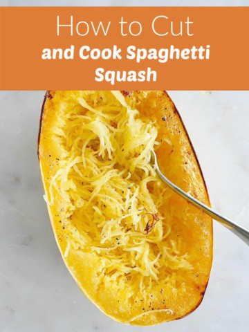 image of spaghetti squash under an orange text box with recipe title