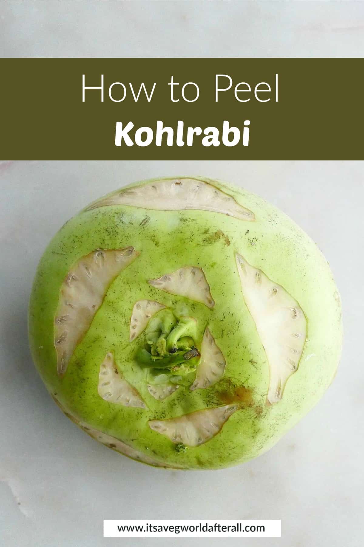 photo of a large green kohlrabi underneath a text box with post title