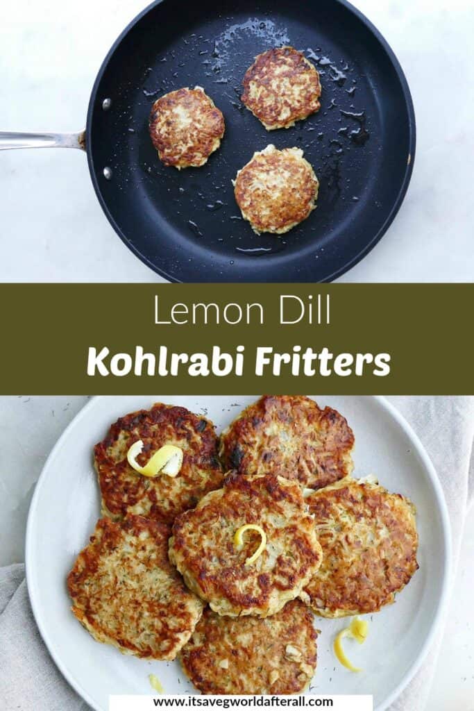 images of kohlrabi fritters separated by a green text box with recipe title