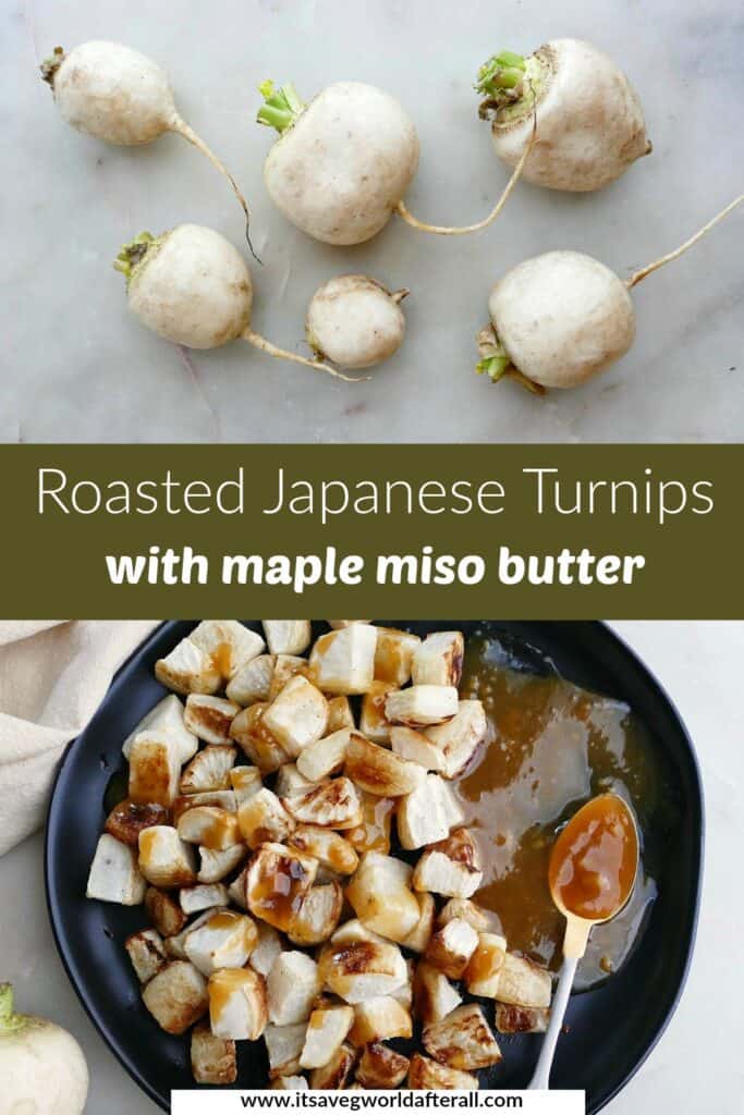 images of raw turnips and roasted miso turnips separated by text box with recipe title
