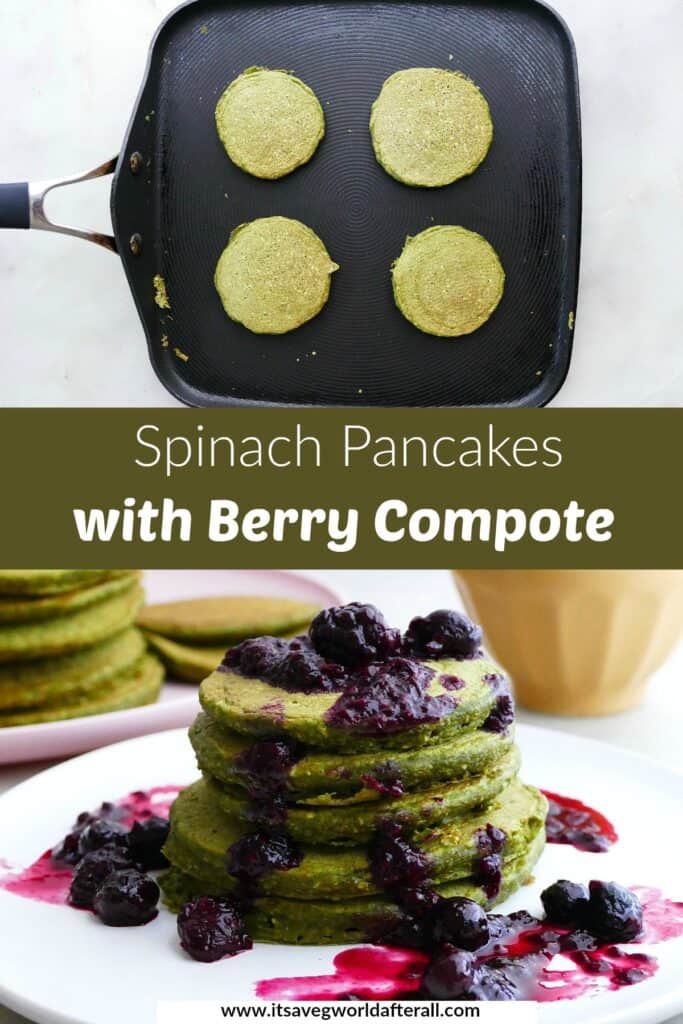 images of spinach pancakes separated by a text box with recipe title