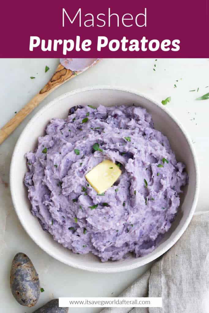 image of purple mashed potatoes with butter in a serving bowl under text box with recipe title