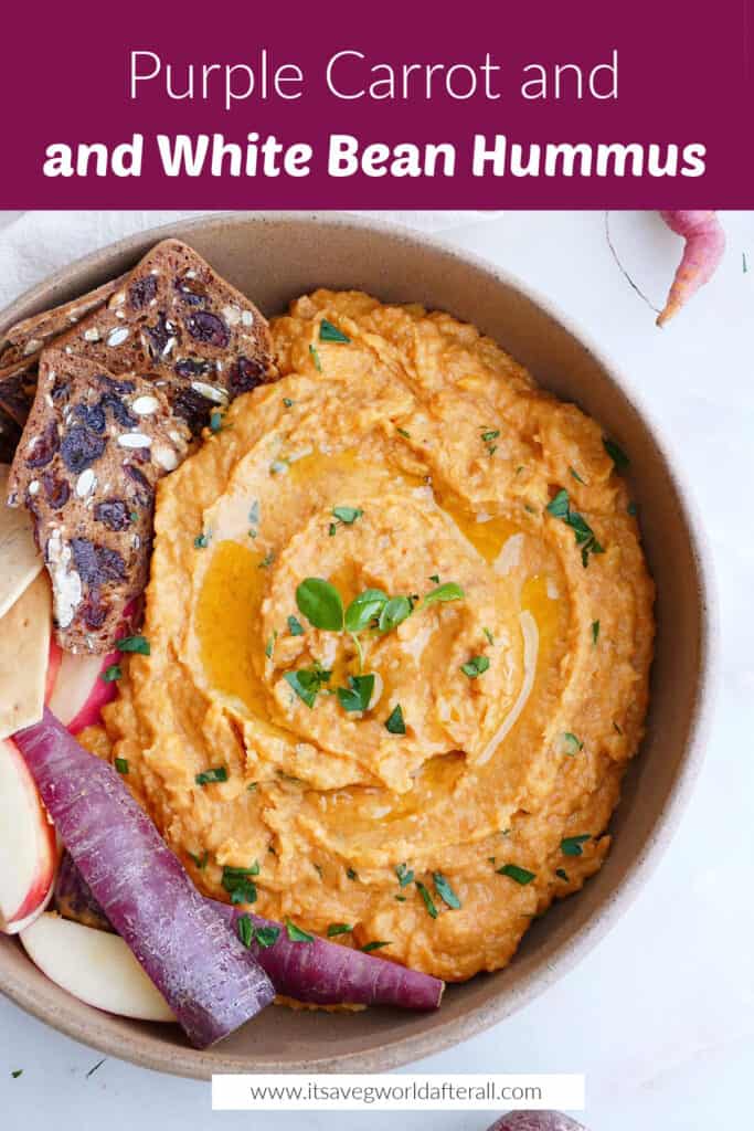 image of purple carrot hummus in a serving dish under text box with recipe title