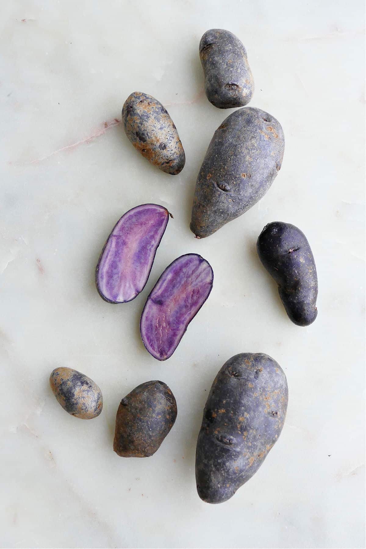 purple potatoes spread out next to each other on a counter