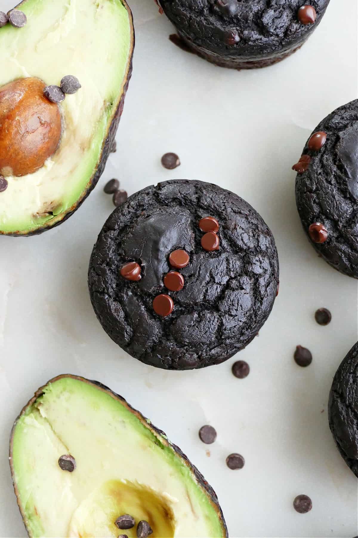 chocolate avocado muffin surrounded by raw avocado and muffins on a counter