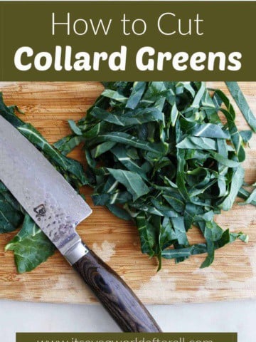 image of sliced collards on a cutting board with knife under text box with post title and website