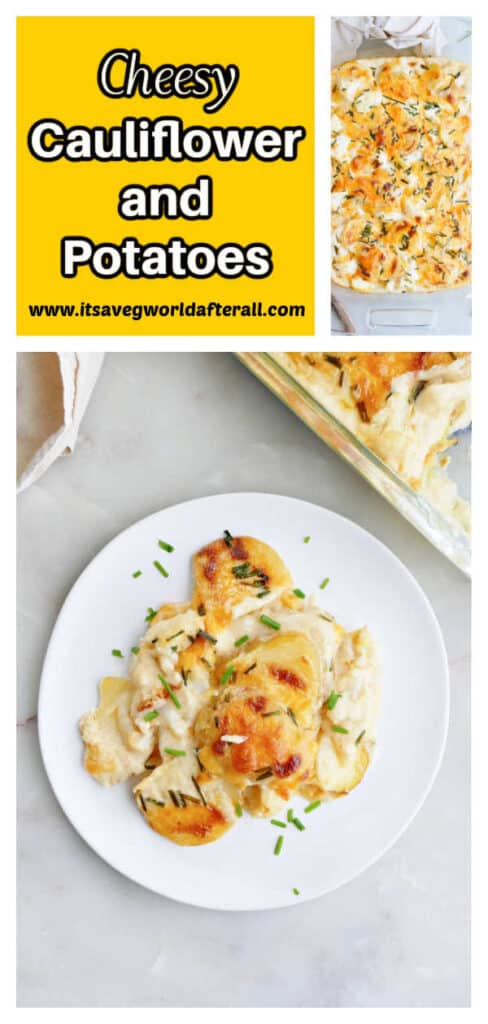baked cauliflower and potatoes in a dish and on a plate with text box for recipe name