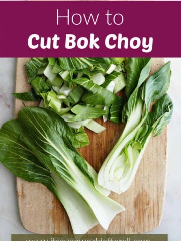 image of sliced and chopped bok choy on a cutting board under text box with post title