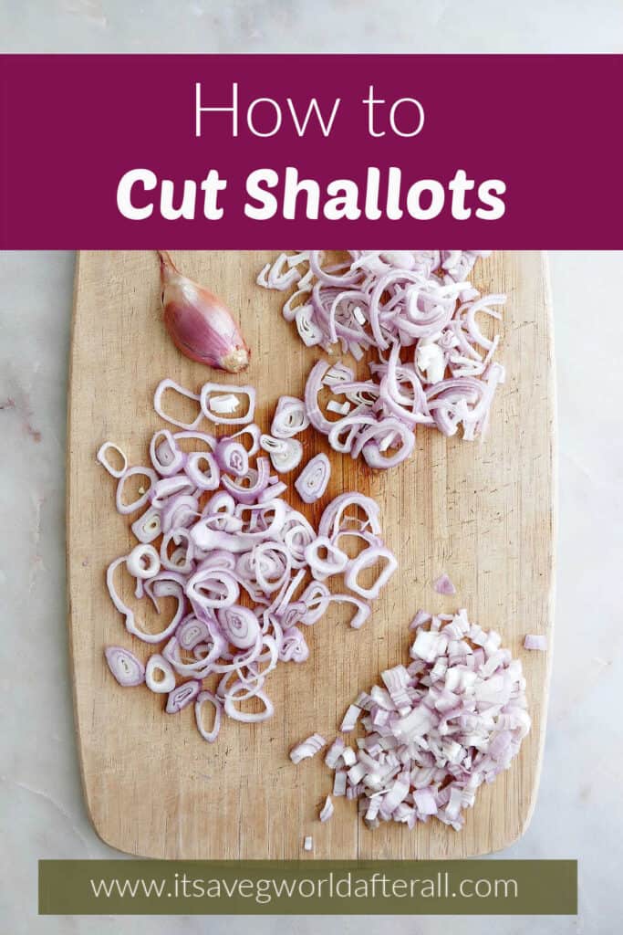 image of sliced and diced shallots on a cutting board under text box with recipe title and website