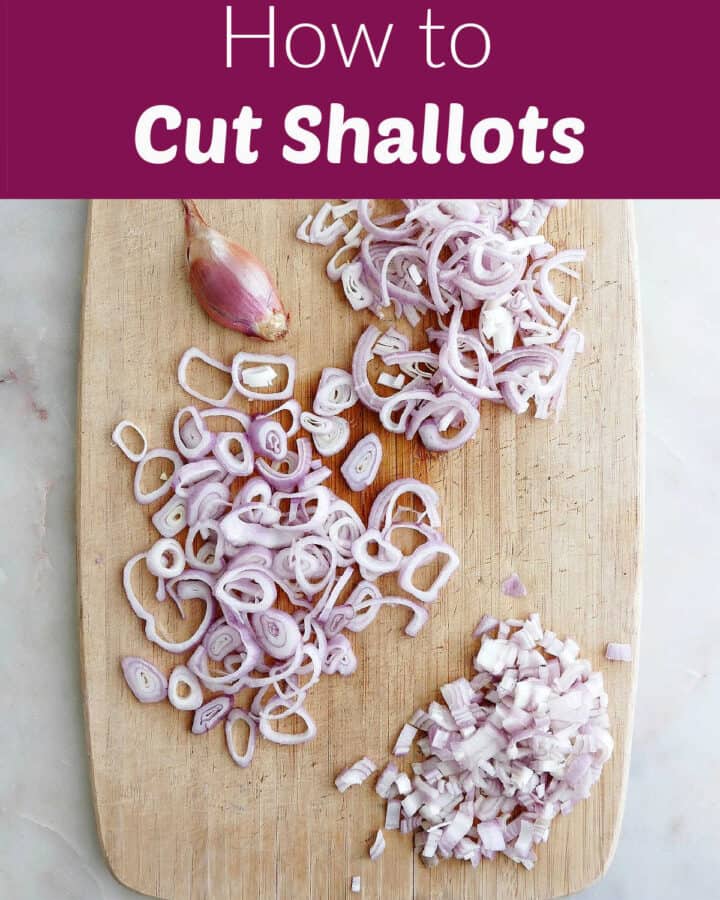 image of sliced and diced shallots on a cutting board under text box with recipe title and website