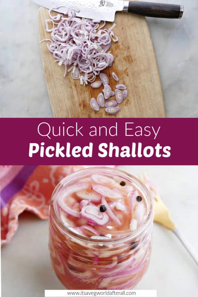 images of sliced shallots and pickled shallots separated by text box with recipe title