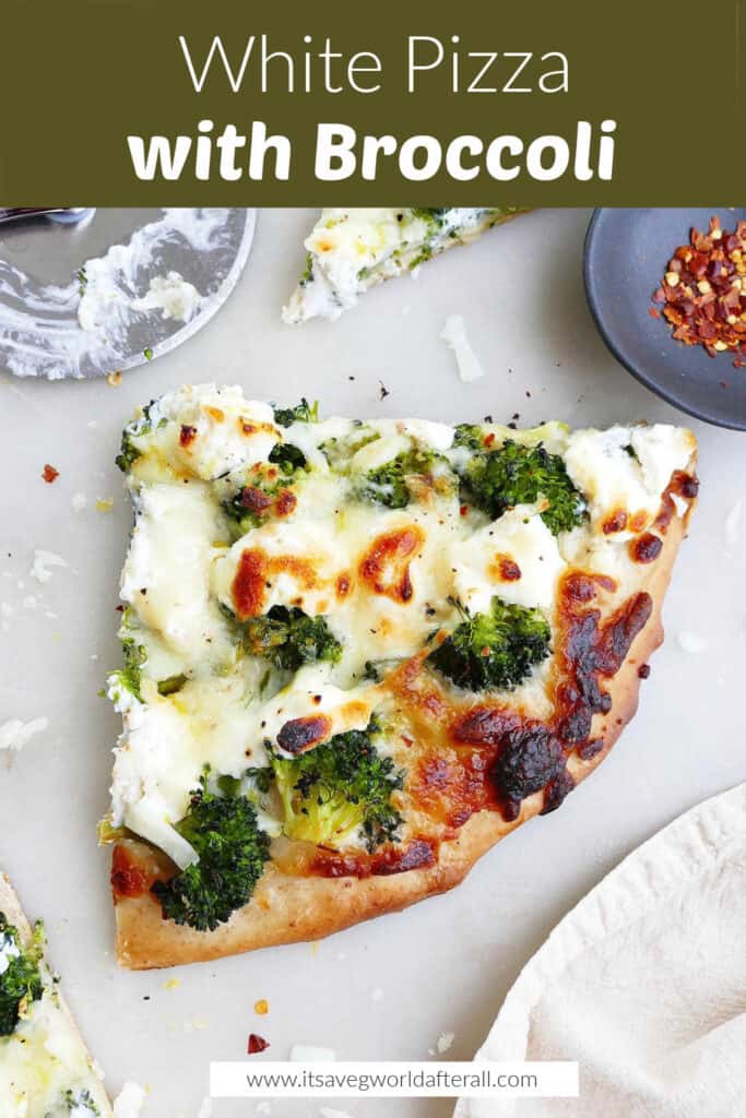 image of white pizza with broccoli under green text box with recipe title