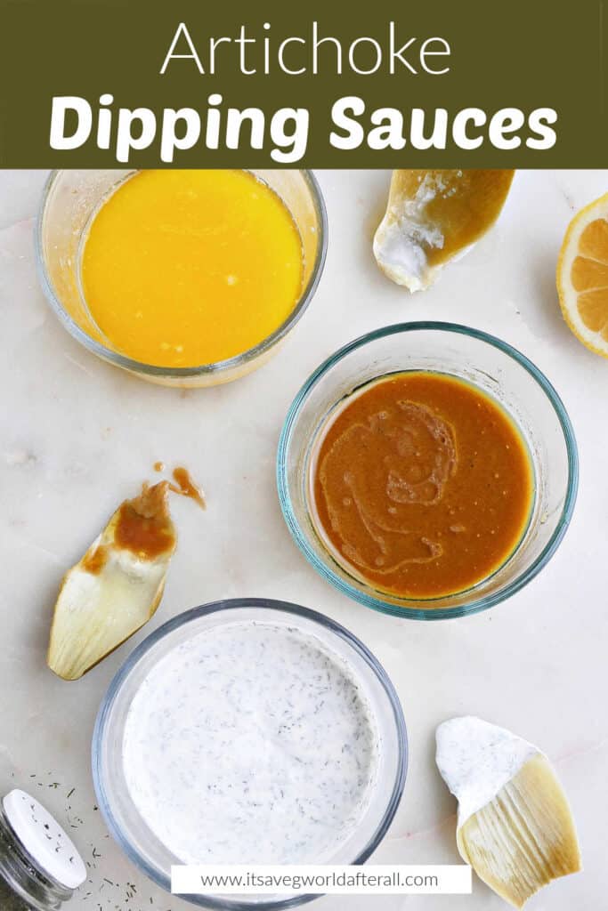 image of artichoke dipping sauces next to each other under a text box