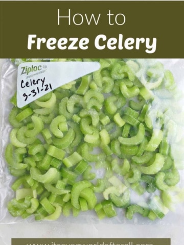 frozen celery in a sealed plastic bag under text box with recipe title