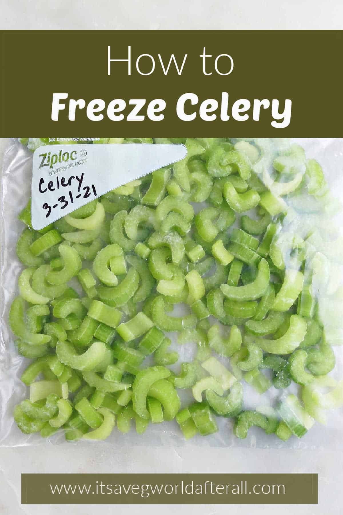 frozen celery in a sealed plastic bag under text box with recipe title