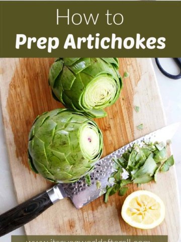 image of artichokes on a cutting board next to knife and lemon under text box