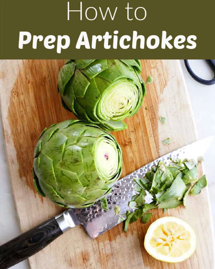 image of artichokes on a cutting board next to knife and lemon under text box