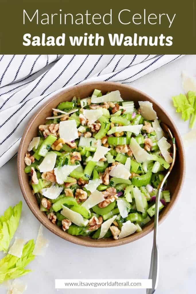 image of celery salad in a serving bowl under text box with recipe title