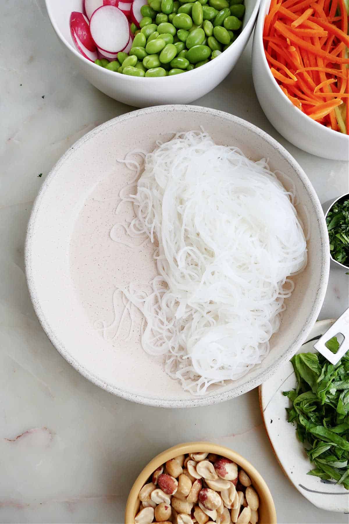 thin rice noodles placed in half of a serving bowl