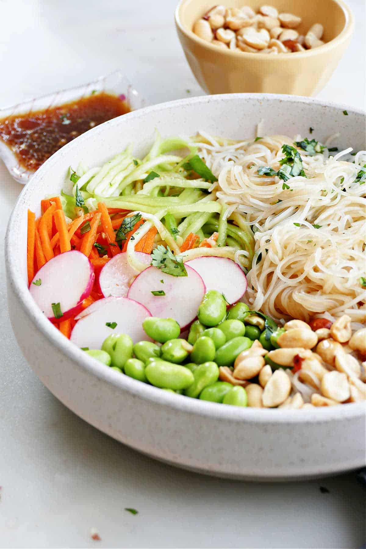 side image of a fresh spring roll bowl with toppings on a counter