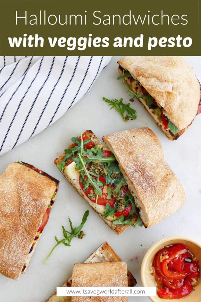 halloumi sandwiches on a counter under text box with recipe name