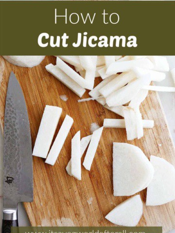 sliced jicama on a cutting board next to knife under text box with post title