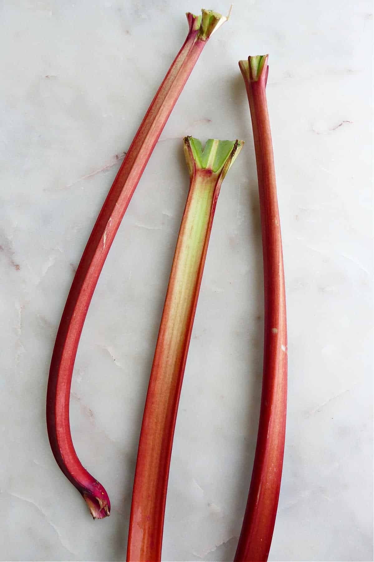 three rhubarb stalks spread out on a counter next to each other