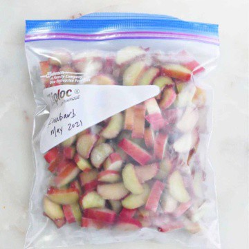 frozen rhubarb pieces in a Ziploc bag on a counter