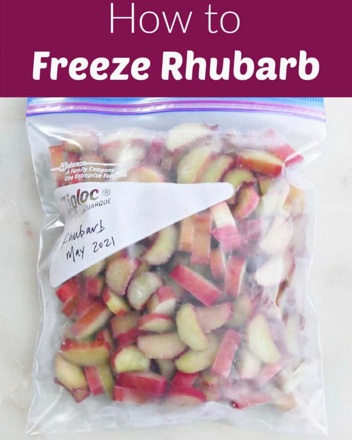 image of frozen rhubarb in a Ziploc bag on a counter under text box