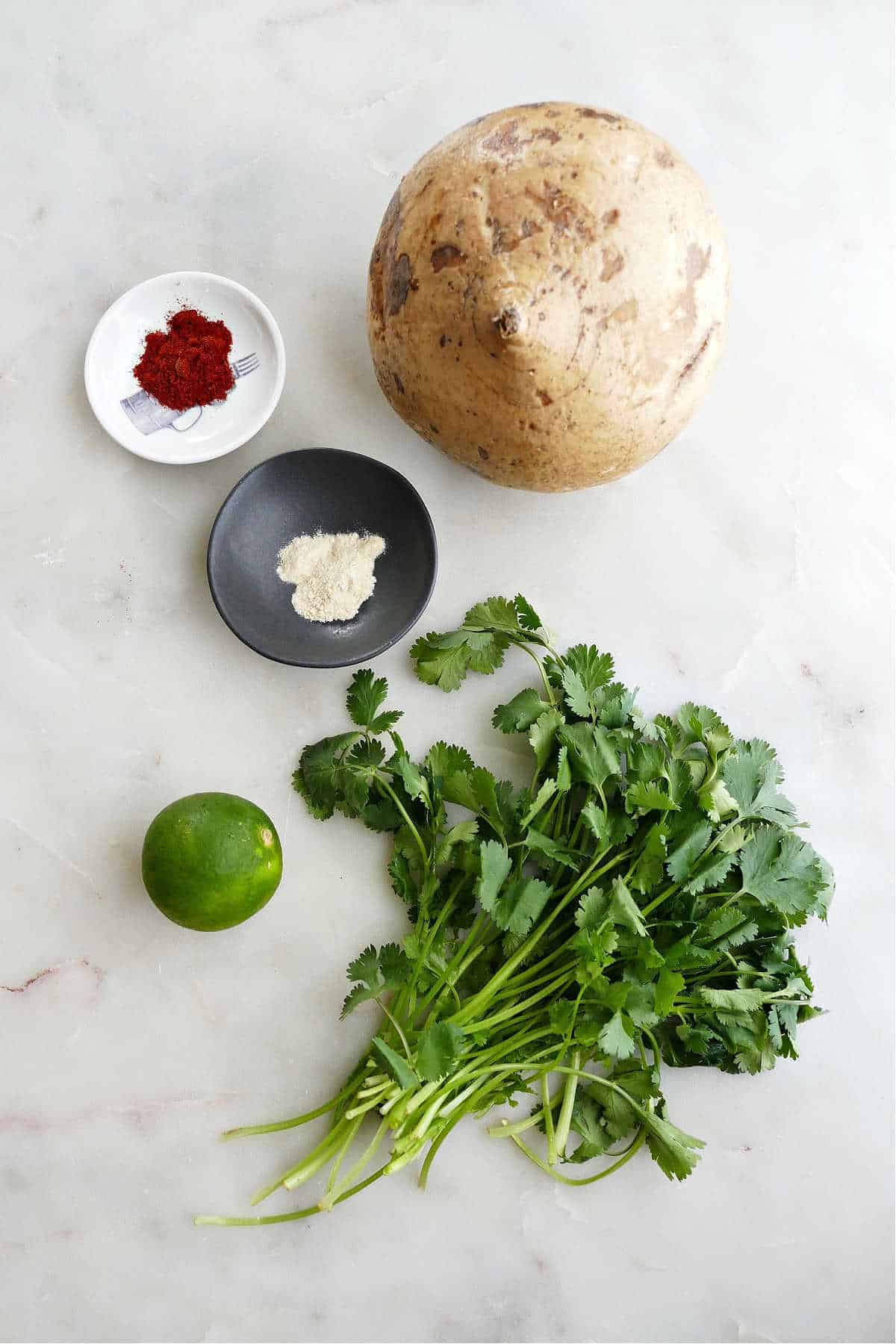 a jicama on a counter next to spices, cilantro, and a lime