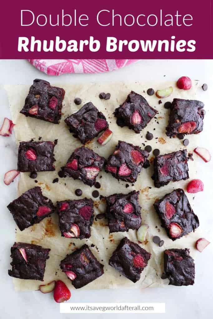 image of sixteen strawberry rhubarb brownies under a text box with recipe name