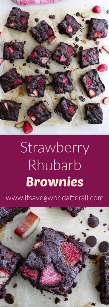 images of strawberry rhubarb brownies separated by a text box with recipe and website