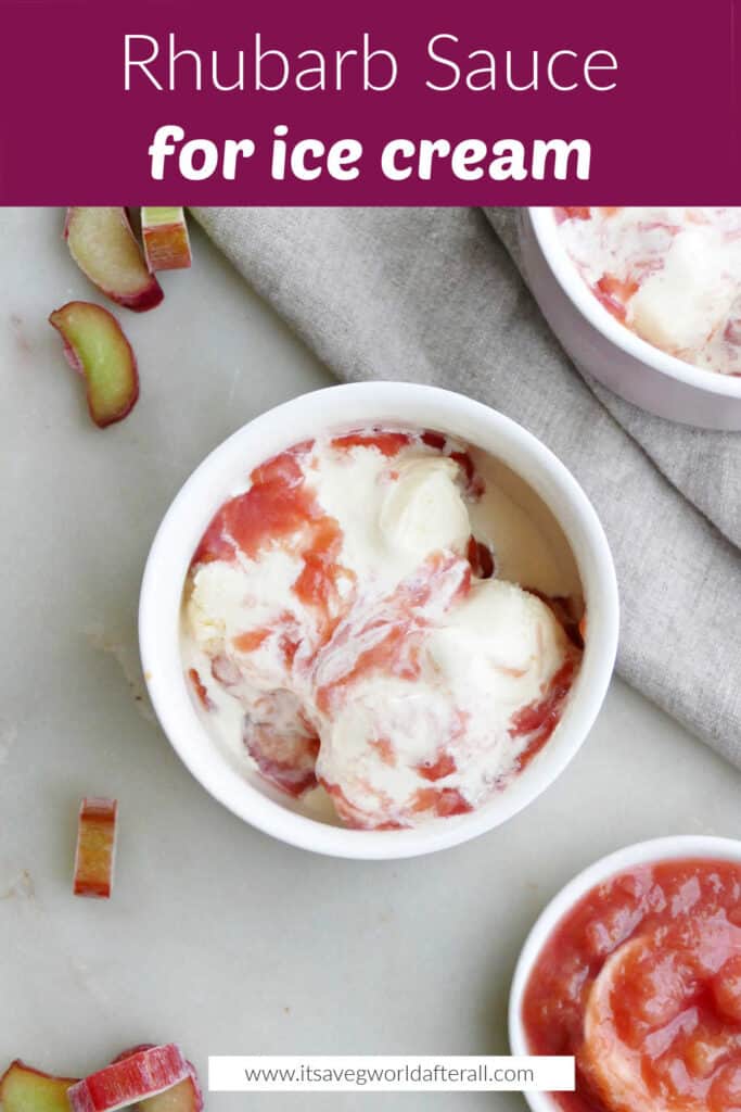 image of ice cream with rhubarb sauce under text box with recipe title