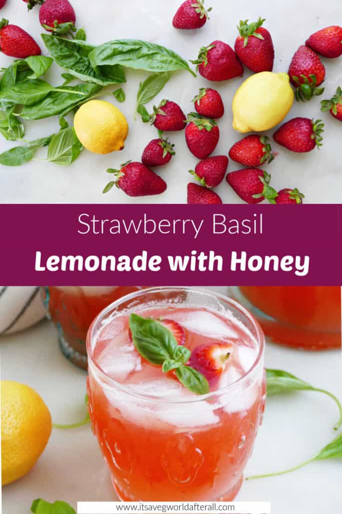 images of ingredients finished strawberry basil lemonade separated by text bo
