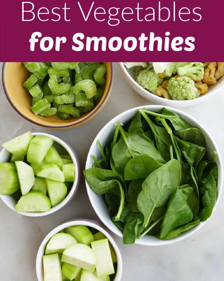 vegetables for smoothies in bowls on a counter under text boxes with post name and website